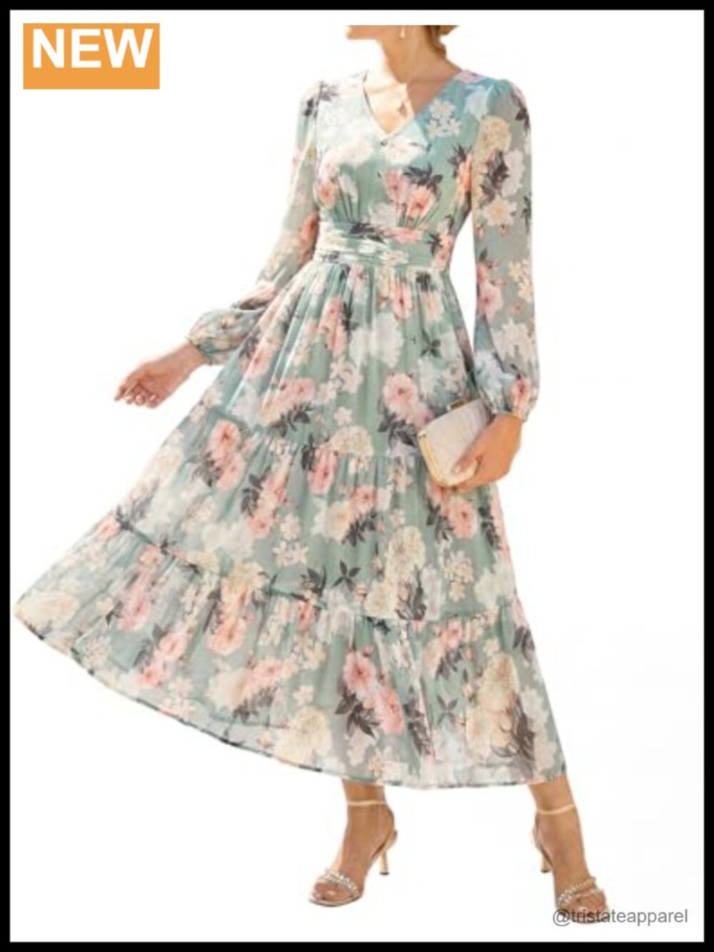 Women Floral Maxi Dress Long Sleeve V-Neck Wedding Guest